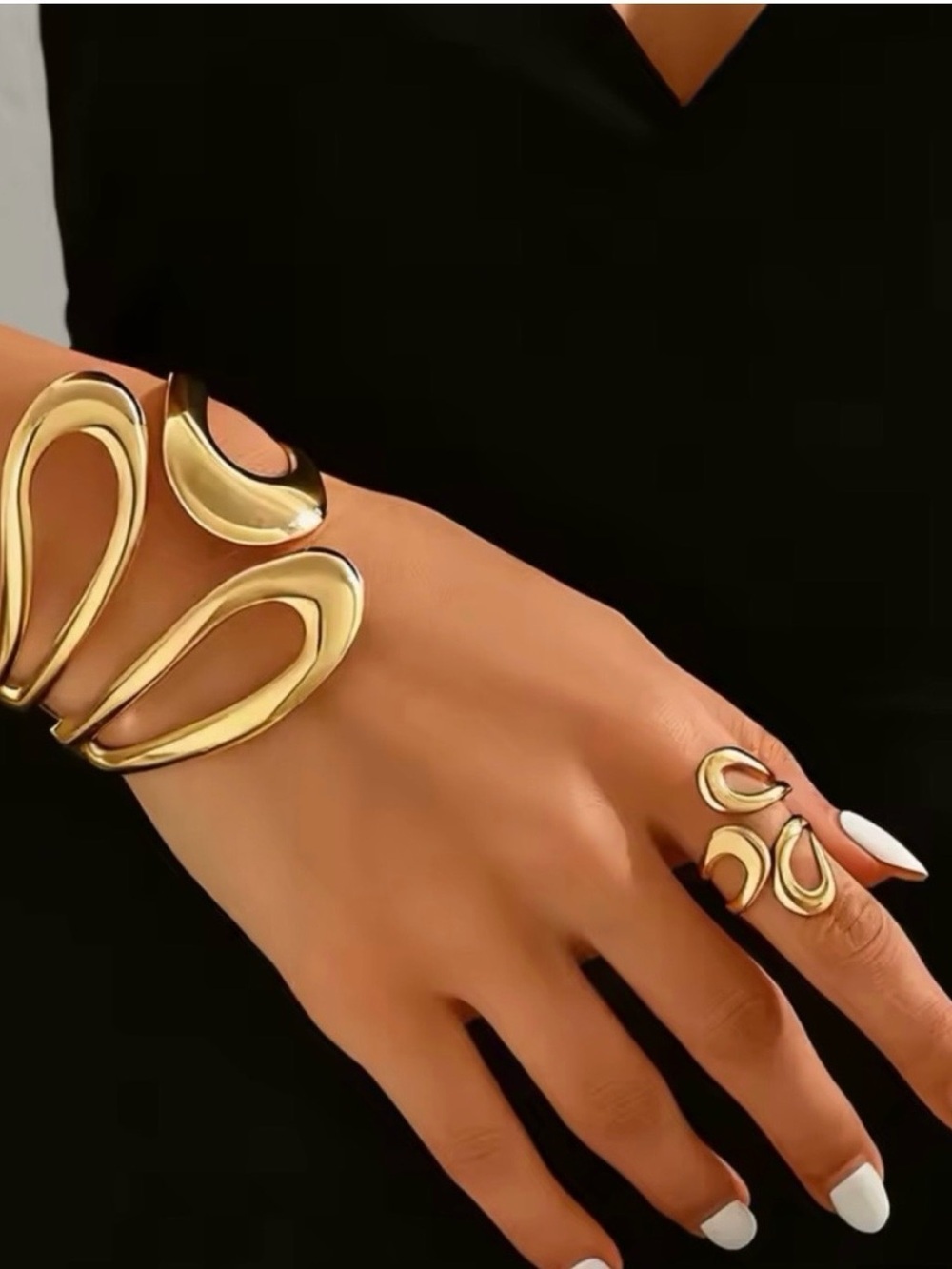 Zara Gold Open Sculptural Cuff Bracelet and Matching Ring Set - Picture 3 of 4
